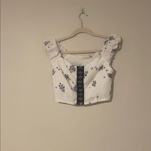 Floral button front cropped shirt.